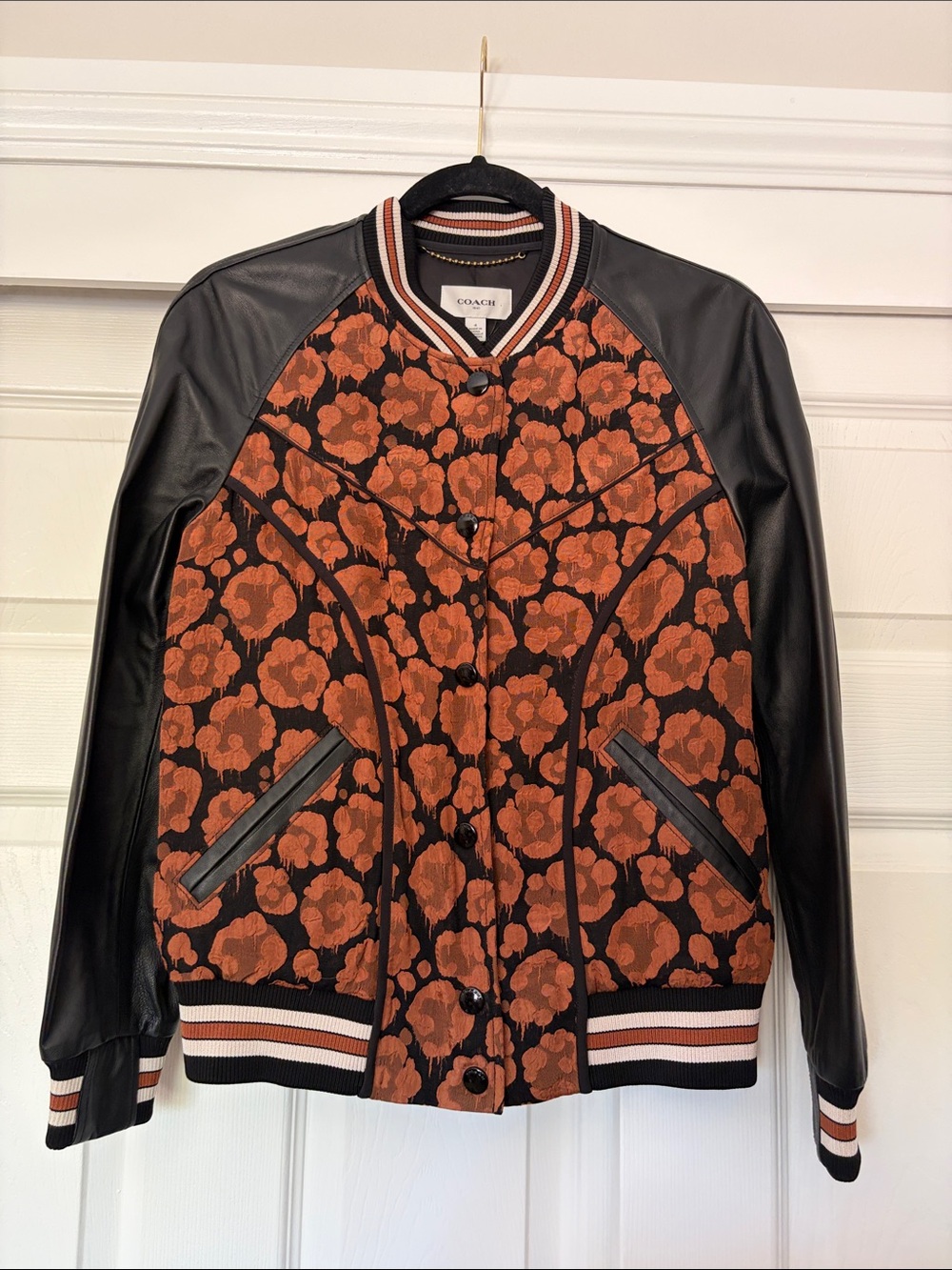 Coach 1941 Wild Beast floral satin jacquard and leather sleeve varsity jacket